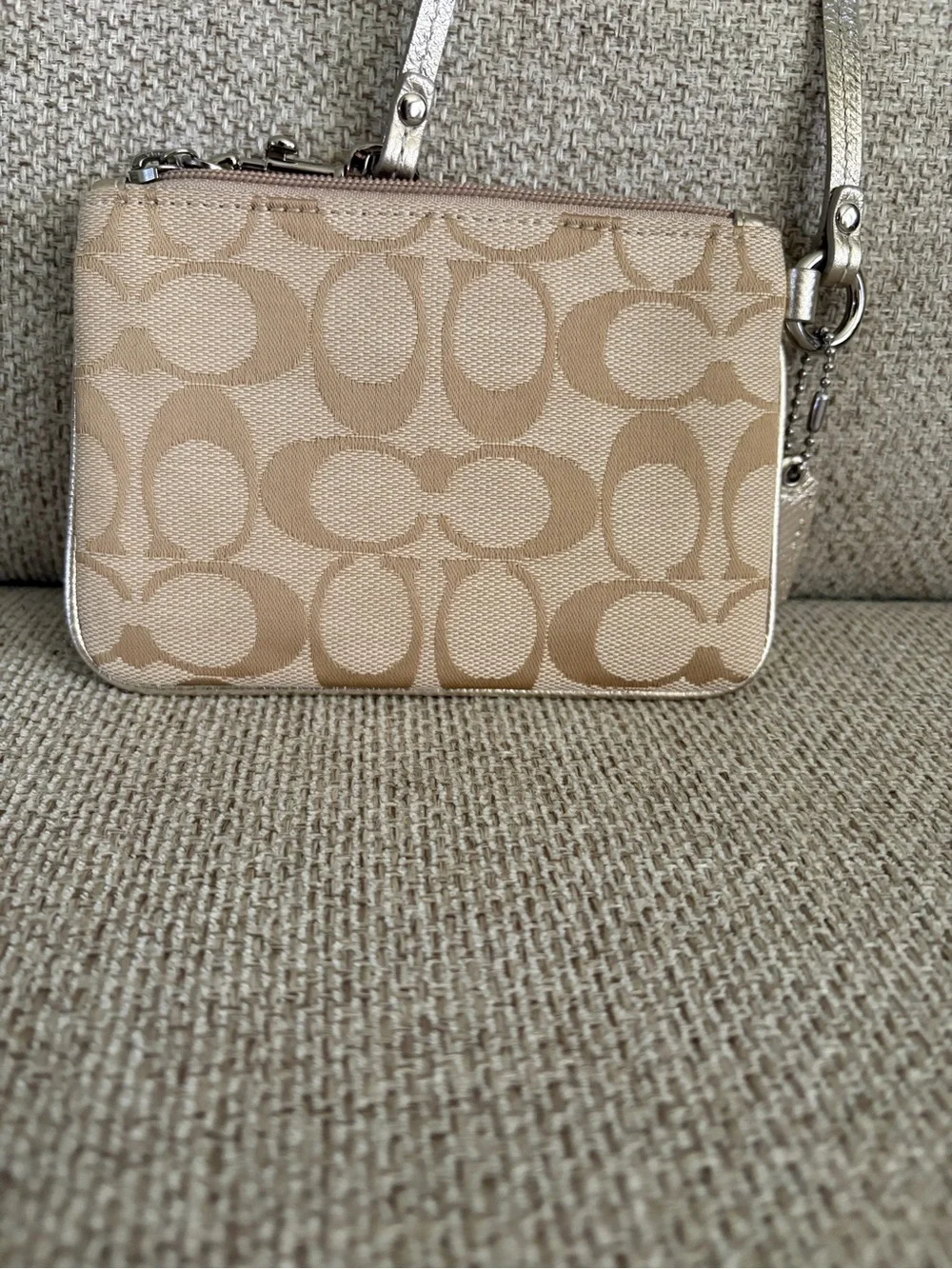 Coach Beige Signature Canvas Wristlet with Silver Strap
